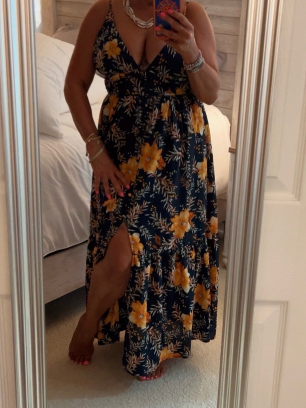 Blue Rain Navy Dress with Orange and Cream Floral Print